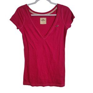 Hollister Y2K Deep V Neck Cap Sleeve Long Tee Shirt Pink Preppy Womens Sz Medium